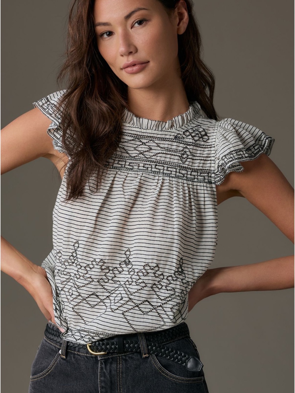 Anthropologie Flutter-Sleeve
Embroidered Babydoll Blouse ~ NWOT